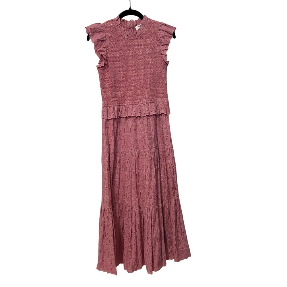 Sea New York 100% Cotton Pink Ingrid Smocked Ruffle Eyelet Midi Dress Size 2 - Picture 3 of 7
